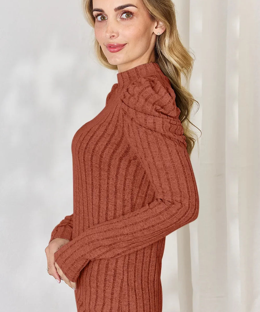 Basic Bae Full Size Ribbed Mock Neck Puff Sleeve T-Shirt