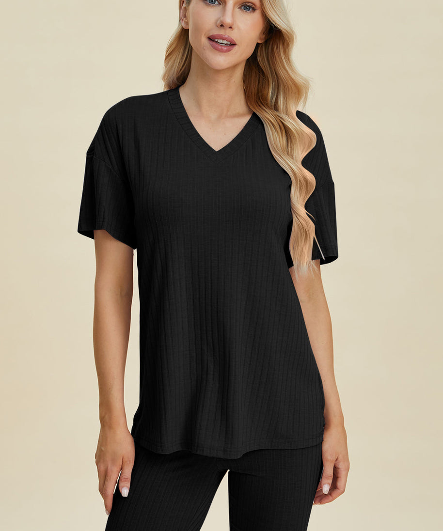 Basic Bae Full Size Ribbed V-Neck Short Sleeve Top and Shorts Set