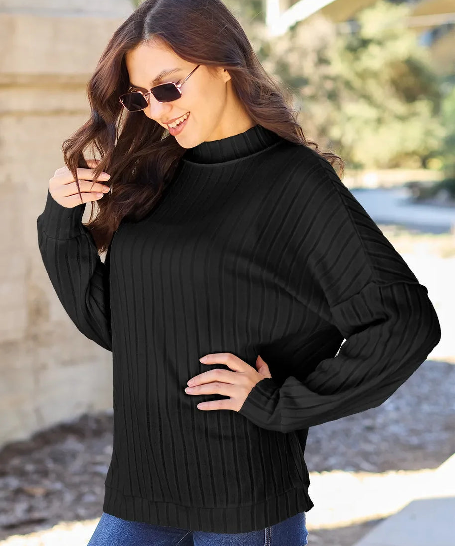 Basic Bae Full Size Ribbed Exposed Seam Mock Neck Knit Top