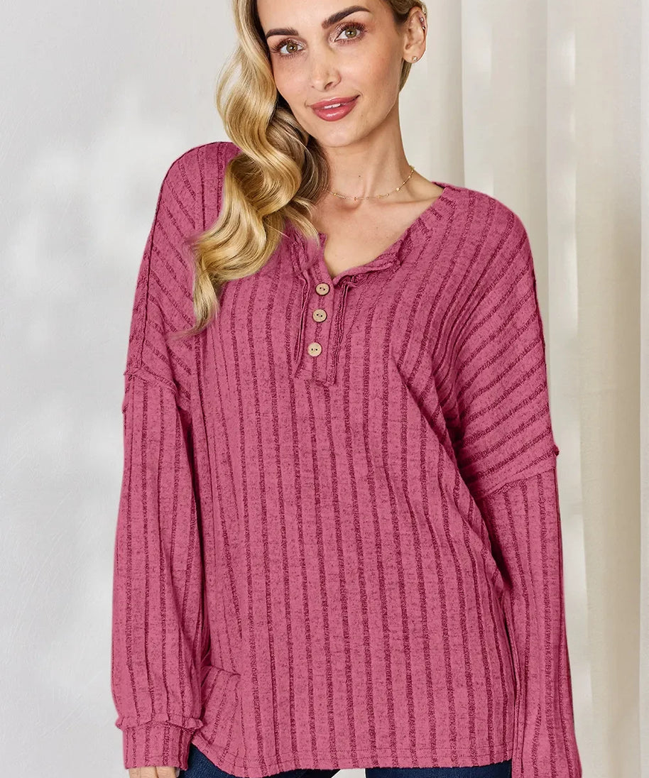 Basic Bae Full Size Ribbed Half Button Long Sleeve T-Shirt