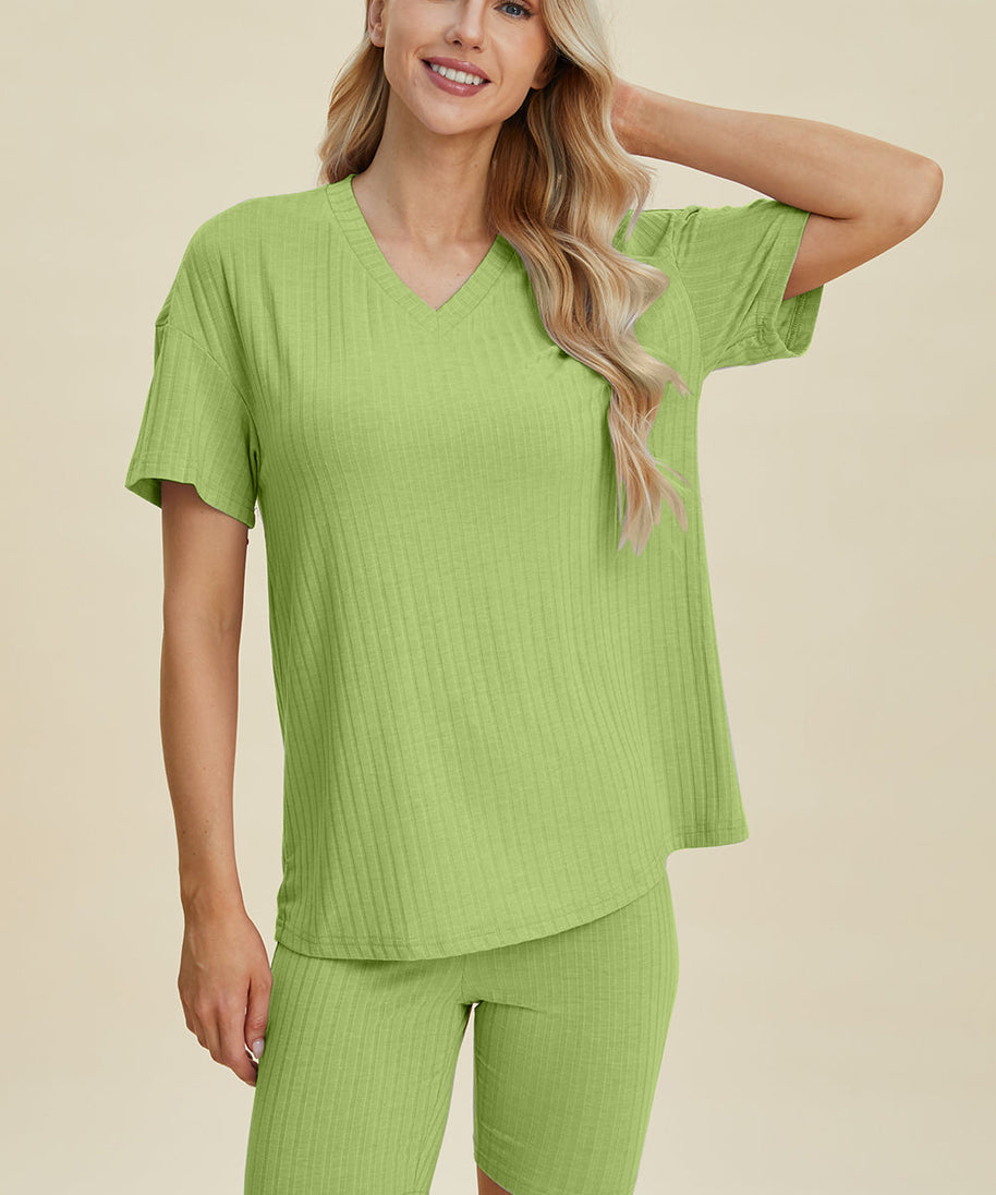 Basic Bae Full Size Ribbed V-Neck Short Sleeve Top and Shorts Set