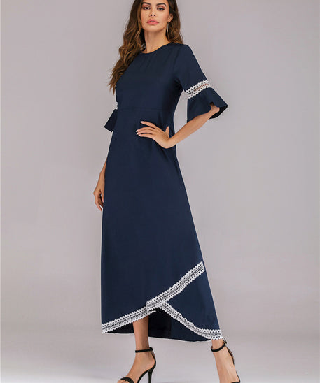 Muslim Long Dress with Lace Trim and Flare Sleeves