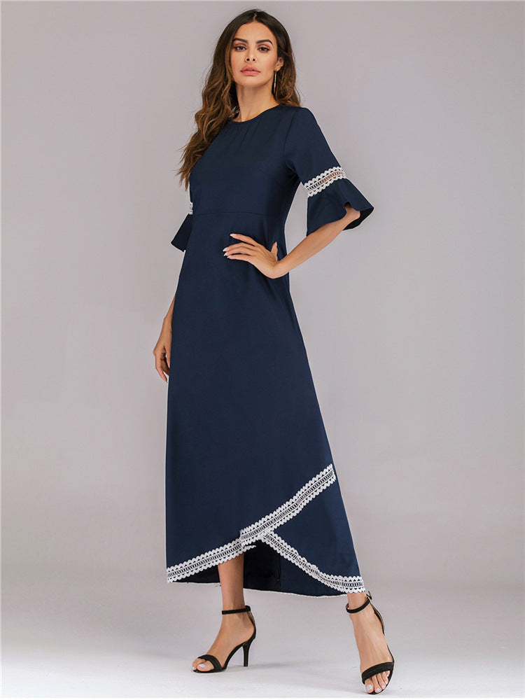 Muslim Long Dress with Lace Trim and Flare Sleeves