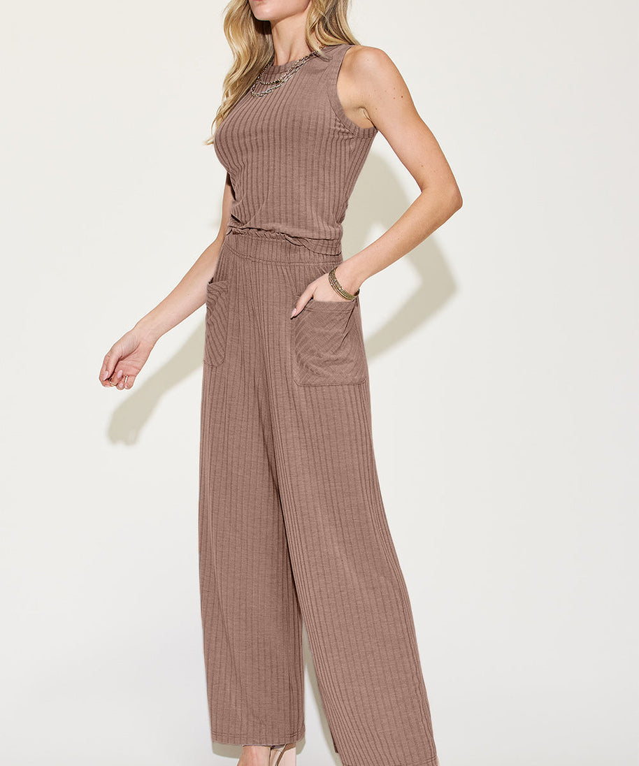 Basic Bae Full Size Ribbed Tank and Wide Leg Pants Set