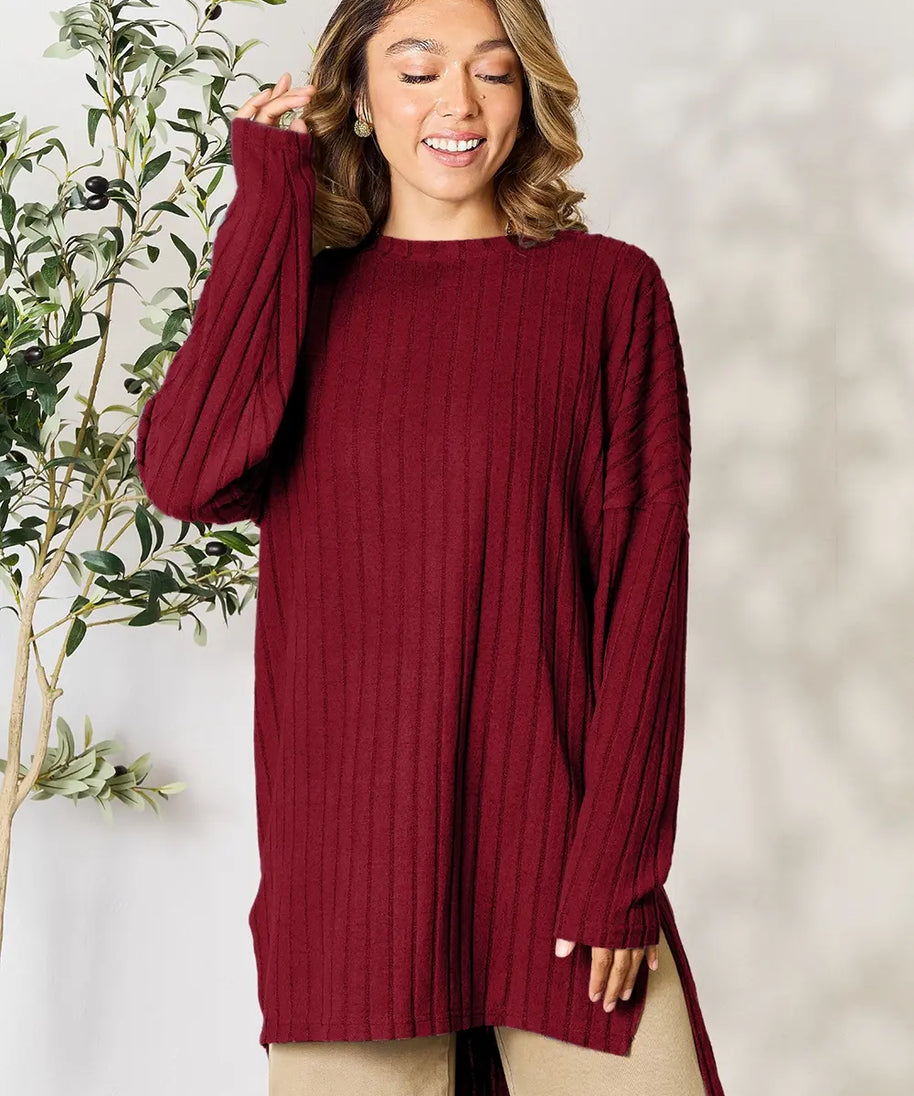 Basic Bae Full Size Ribbed Round Neck Long Sleeve Slit Top