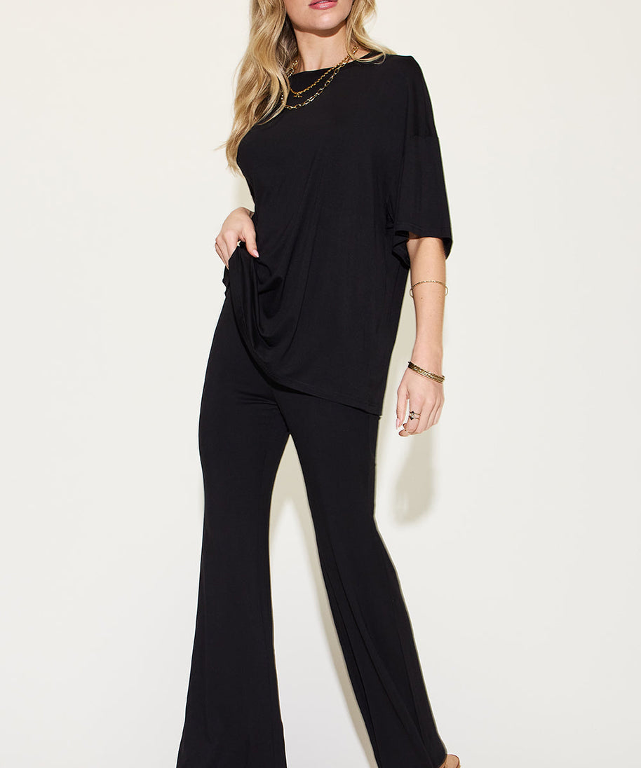 Basic Bae Full Size Bamboo Drop Shoulder T-Shirt and Flare Pants Set