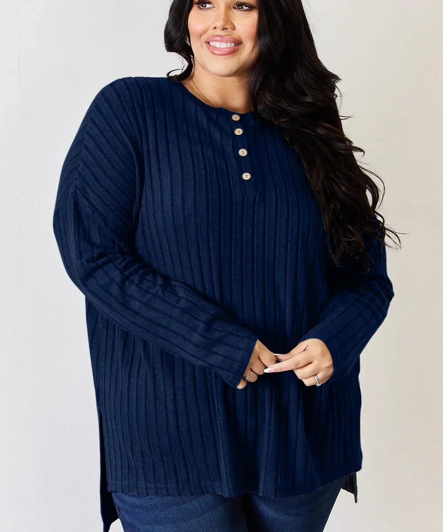 Basic Bae Full Size Ribbed Half Button Long Sleeve High-Low T-Shirt