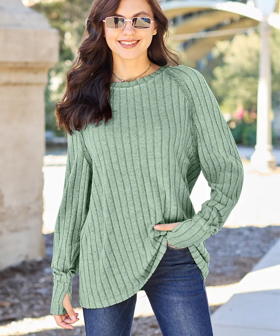 Basic Bae Full Size Ribbed Round Neck Long Sleeve Knit Top