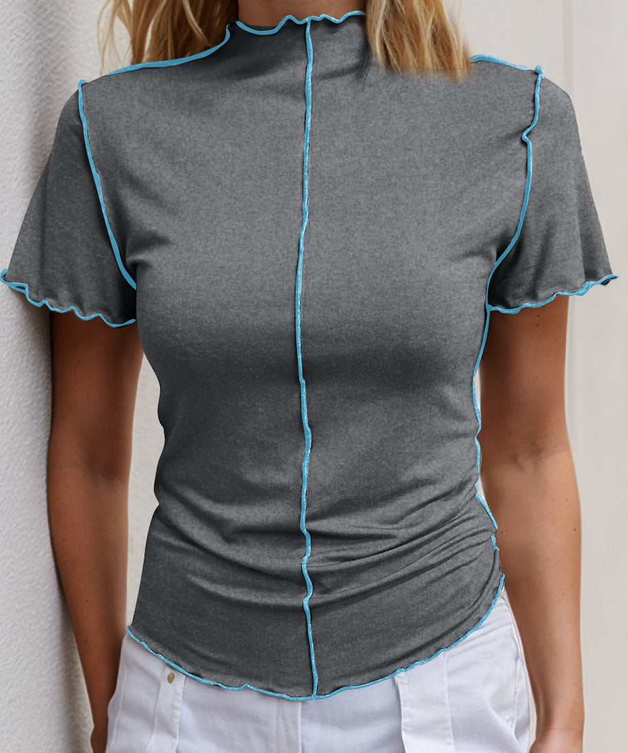 Basic Bae Contrast Trim Mock Neck Short Sleeve T-Shirt