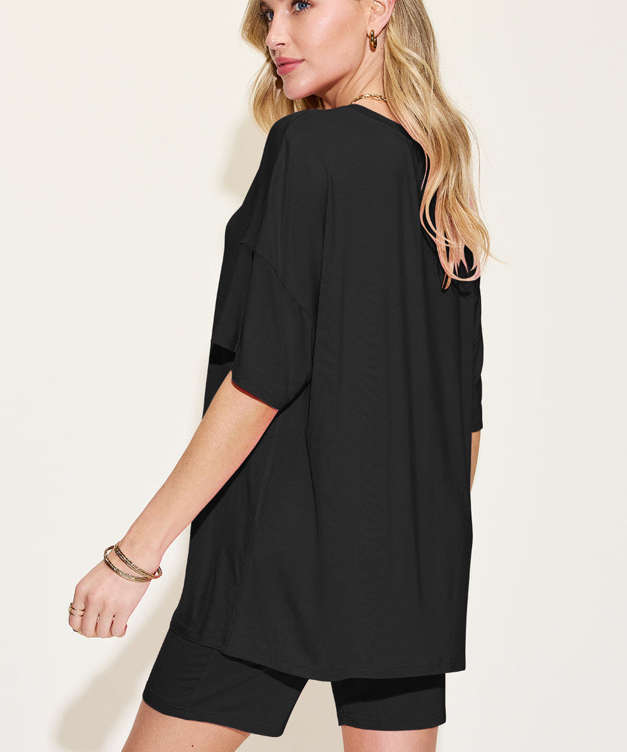 Basic Bae Bamboo Full Size  V-Neck Drop Shoulder T-Shirt and Shorts Set