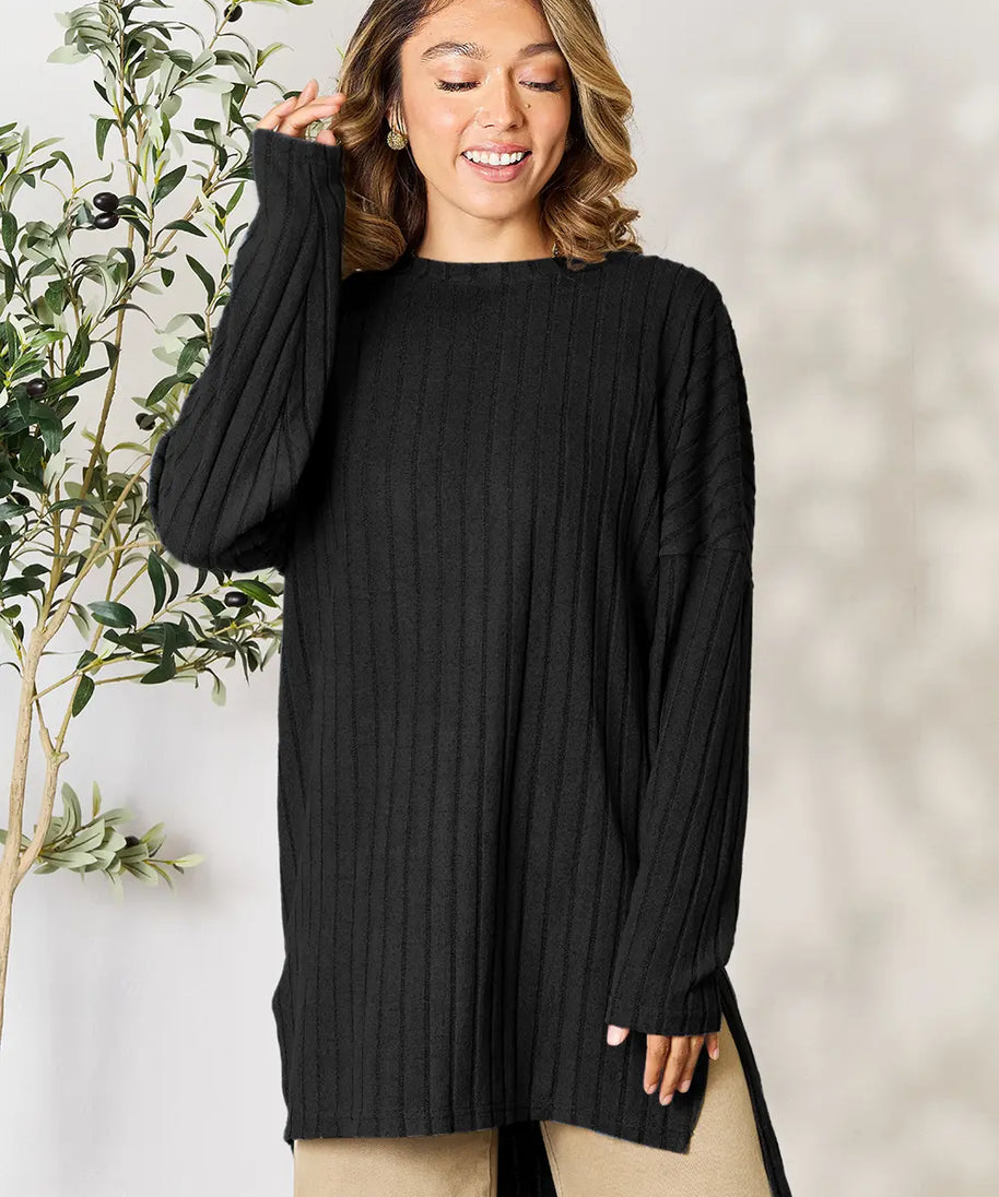 Basic Bae Full Size Ribbed Round Neck Long Sleeve Slit Top