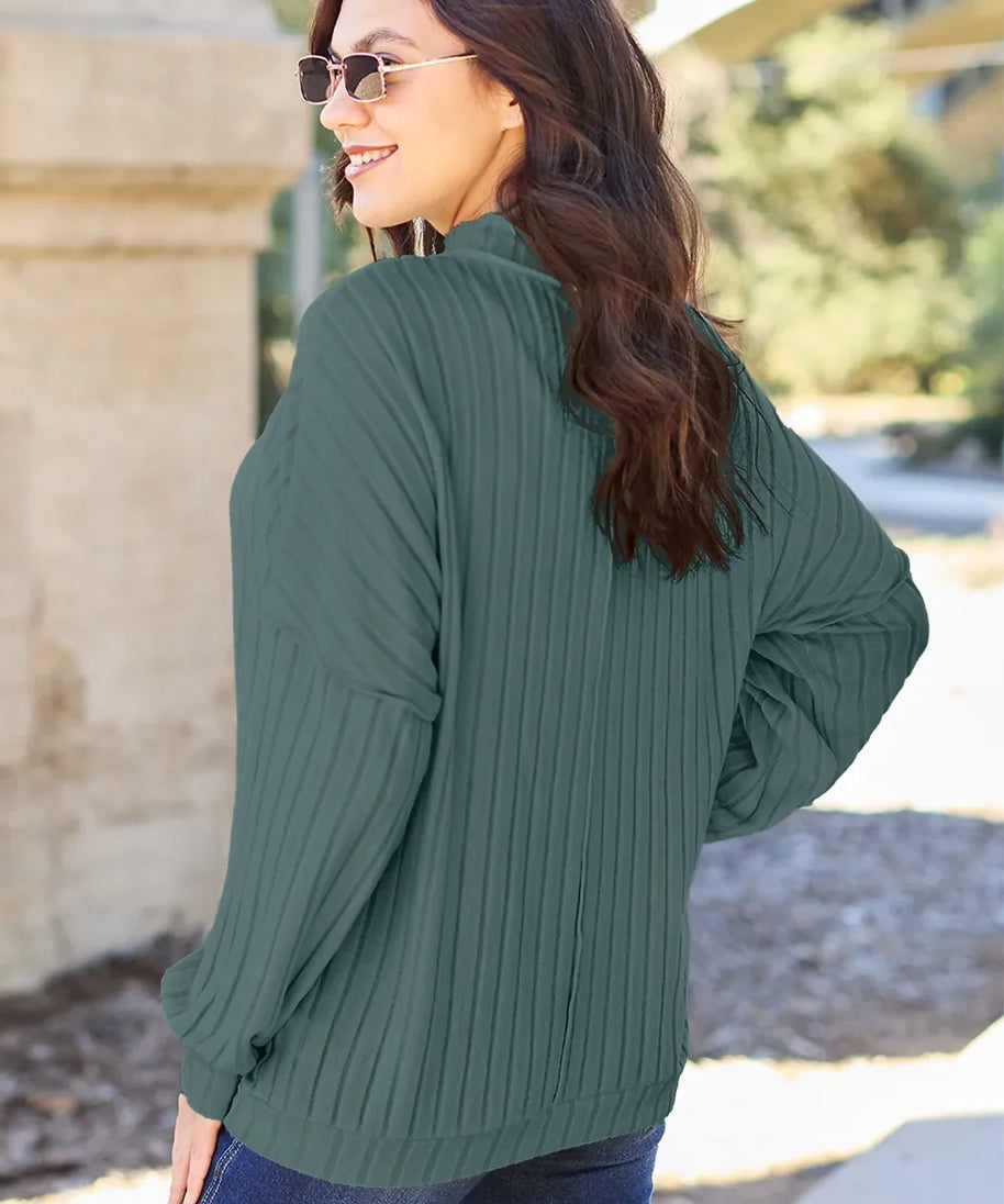 Basic Bae Full Size Ribbed Exposed Seam Mock Neck Knit Top