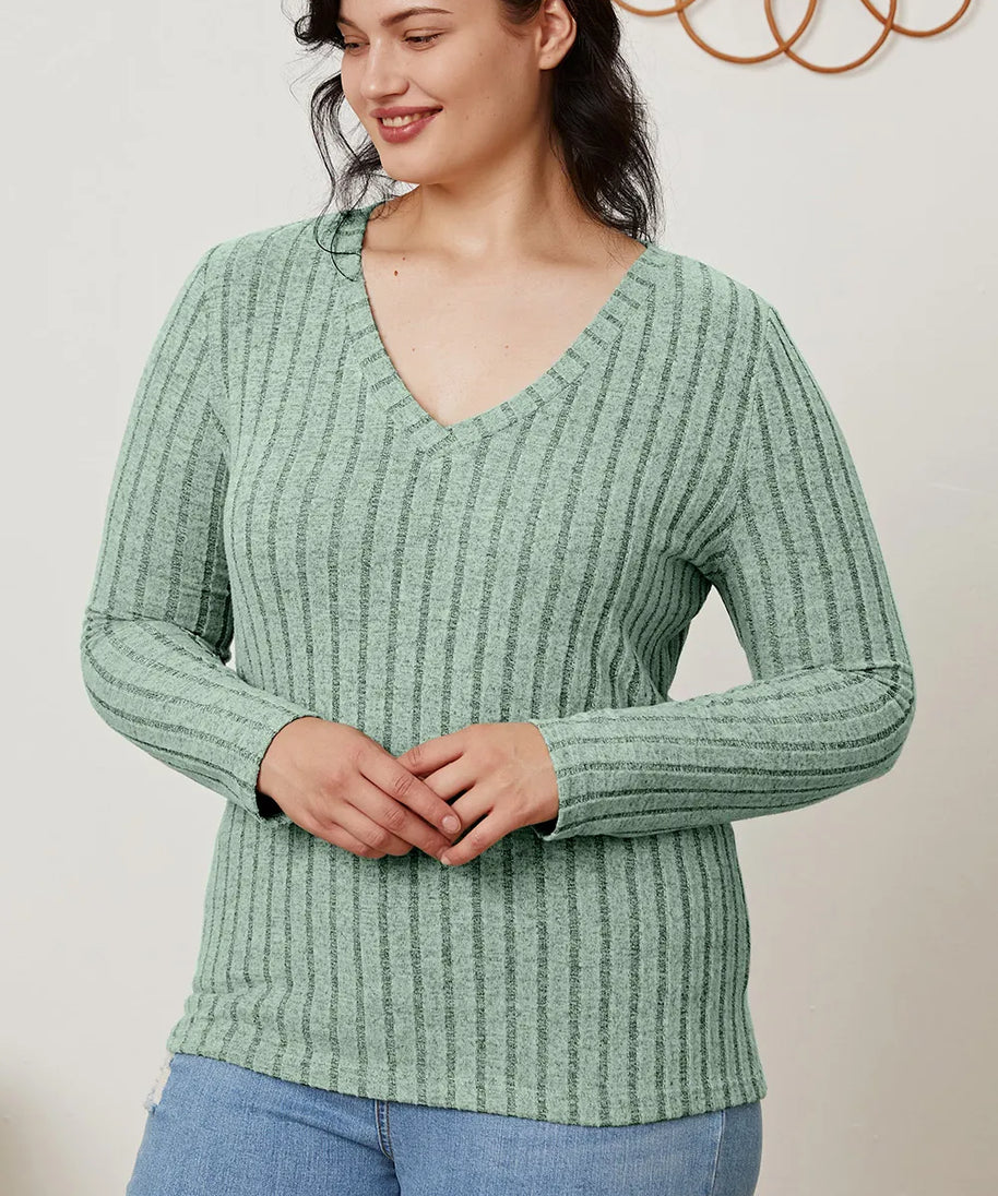 Basic Bae Full Size Ribbed V-Neck Long Sleeve T-Shirt