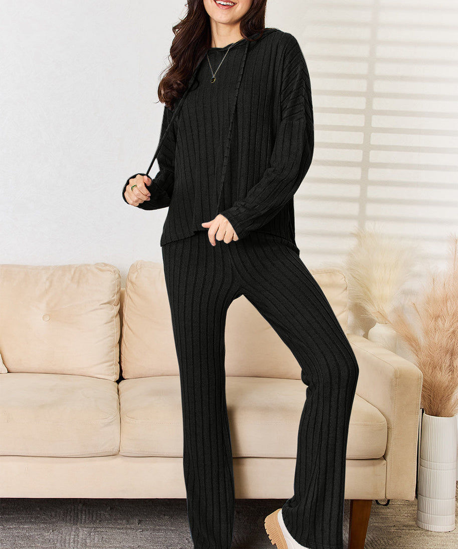 Basic Bae Full Size Ribbed Drawstring Hooded Top and Straight Pants Set
