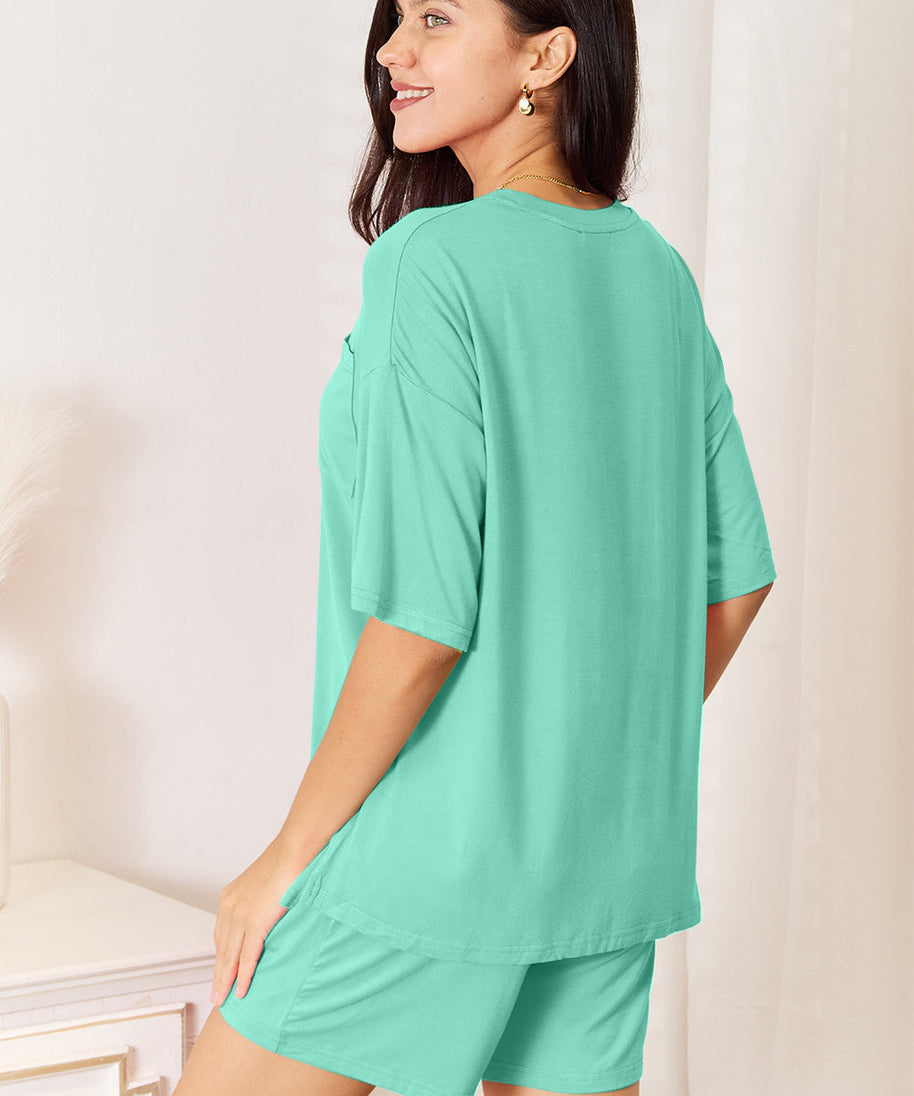 Basic Bae Bamboo Full Size Round Neck Drop Shoulder T-Shirt and Shorts Set