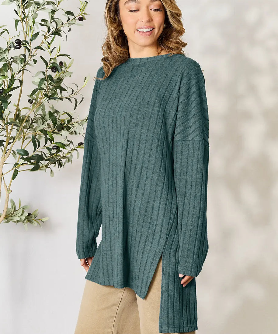 Basic Bae Full Size Ribbed Round Neck Long Sleeve Slit Top