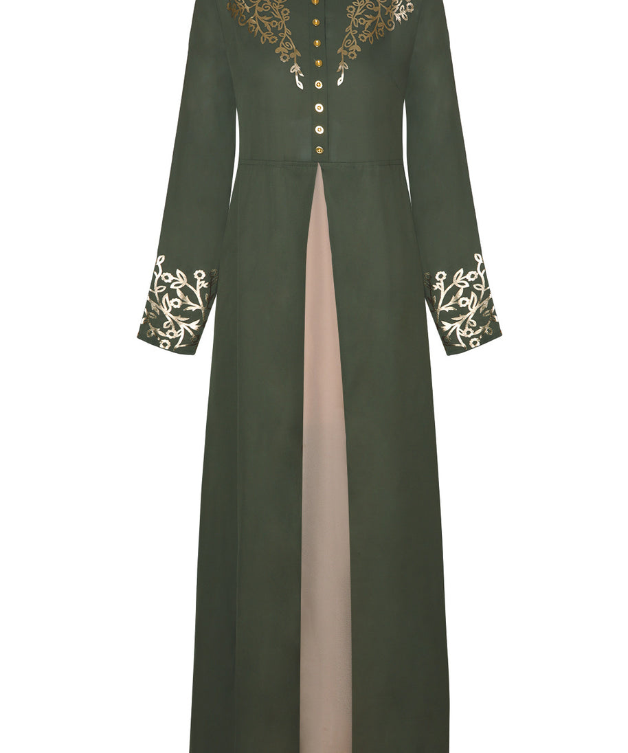 Muslim Robe, Dubai Autumn Winter Dress with Gold Print