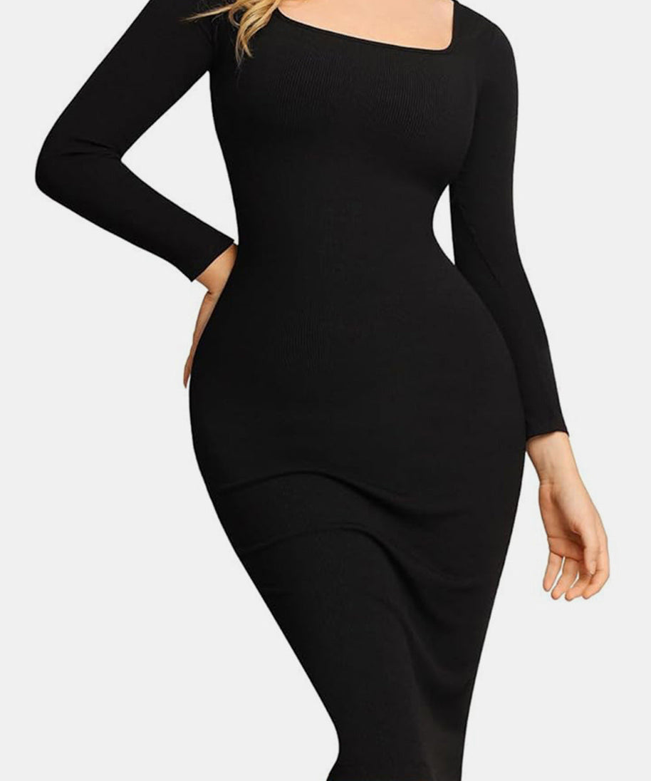 Basic Bae Full Size Built-In Shapewear Square Neck Long Sleeve Dress
