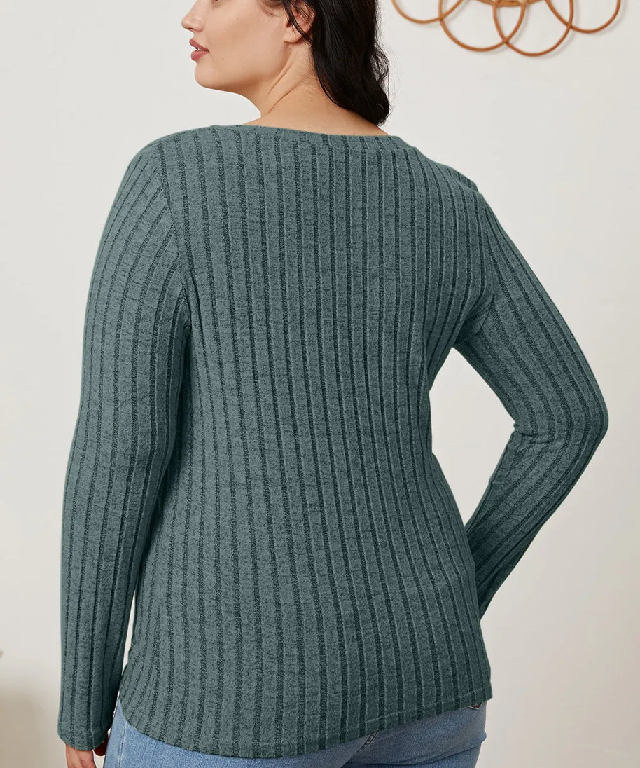 Basic Bae Full Size Ribbed V-Neck Long Sleeve T-Shirt