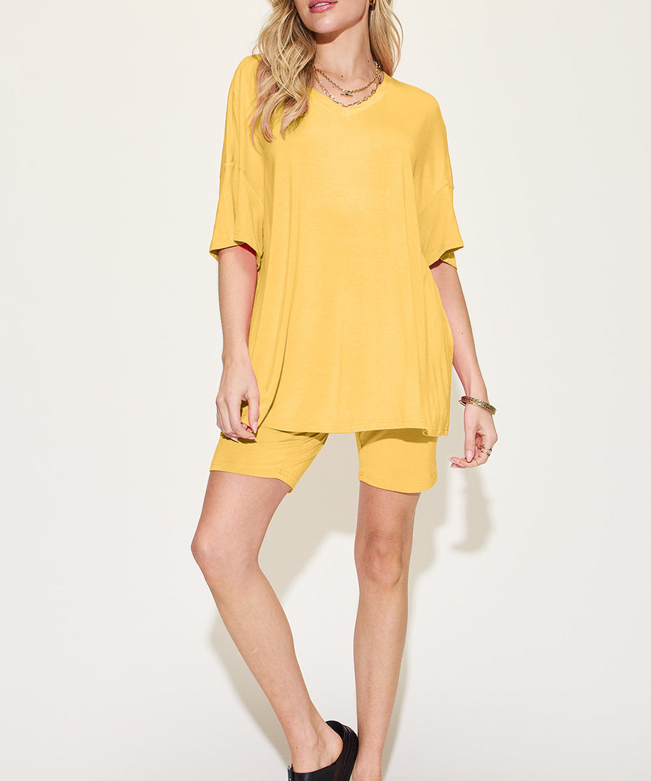 Basic Bae Bamboo Full Size  V-Neck Drop Shoulder T-Shirt and Shorts Set