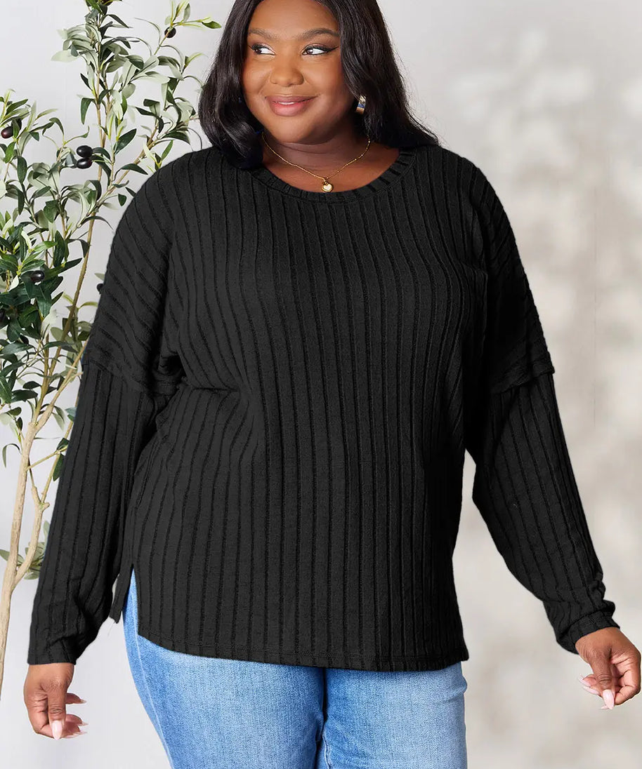 Basic Bae Full Size Ribbed Round Neck Slit Knit Top