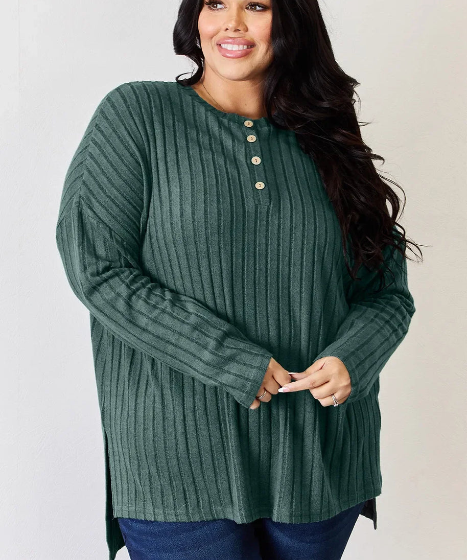Basic Bae Full Size Ribbed Half Button Long Sleeve High-Low T-Shirt