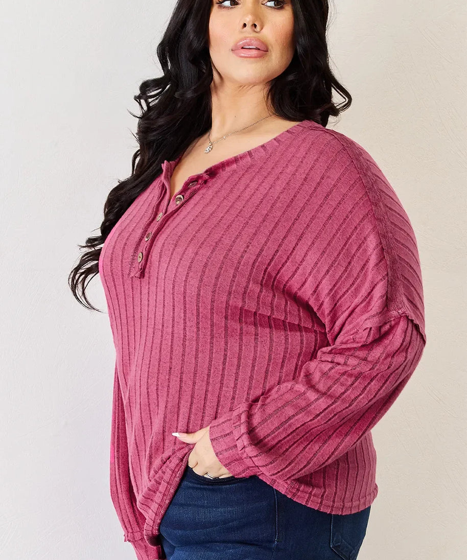 Basic Bae Full Size Ribbed Half Button Long Sleeve High-Low T-Shirt