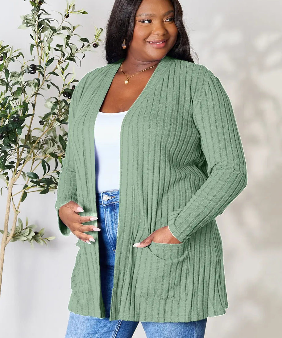 Basic Bae Full Size Ribbed Open Front Cardigan with Pockets