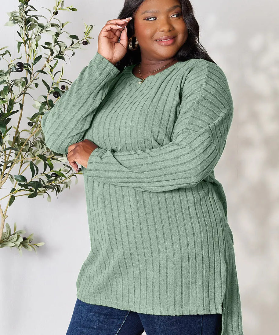 Basic Bae Full Size Ribbed Round Neck Long Sleeve Slit Top