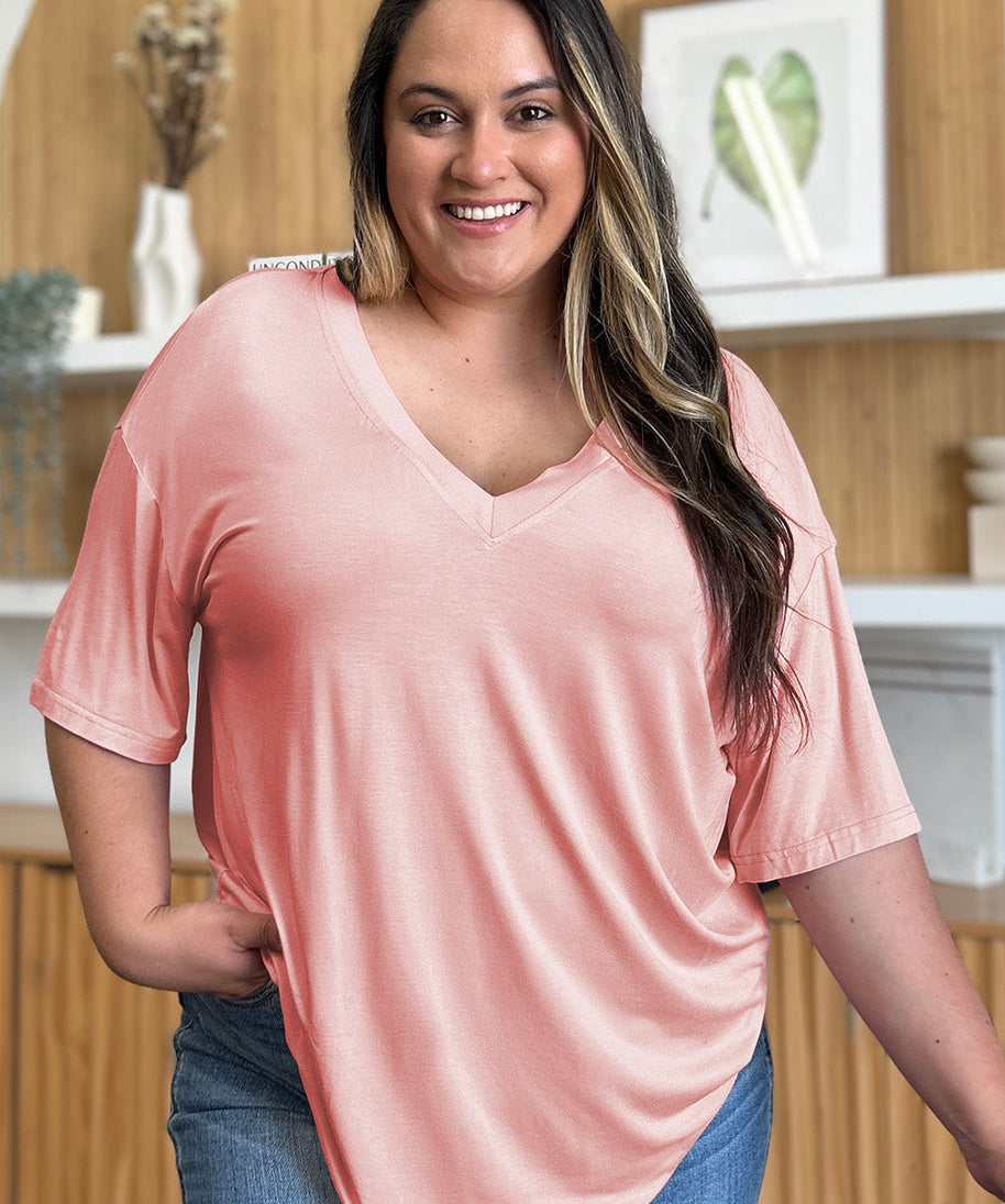 Basic Bae Full Size Bamboo V-Neck Drop Shoulder T-Shirt