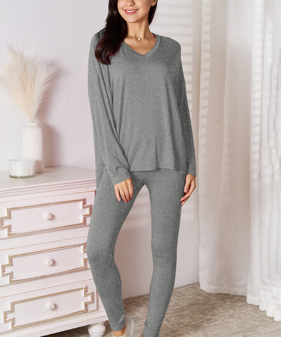 Basic Bae Bamboo Full Size V-Neck Long Sleeve Top and Pants Lounge Set