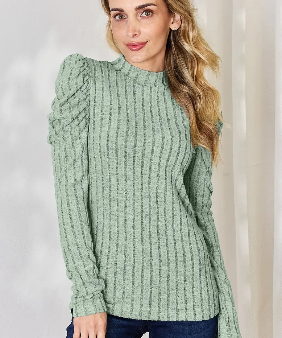 Basic Bae Full Size Ribbed Mock Neck Puff Sleeve T-Shirt
