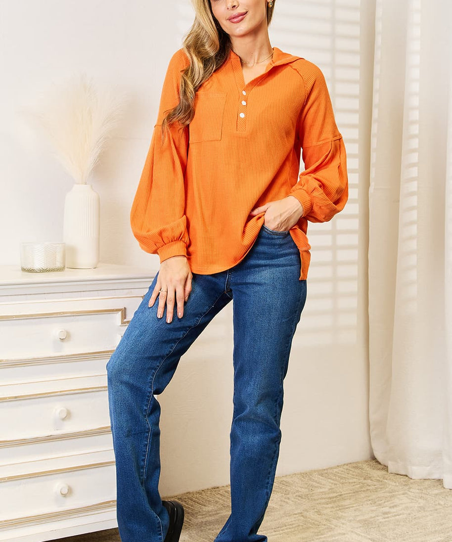 Basic Bae Side Slit Buttoned Waffle Knit Hoodie