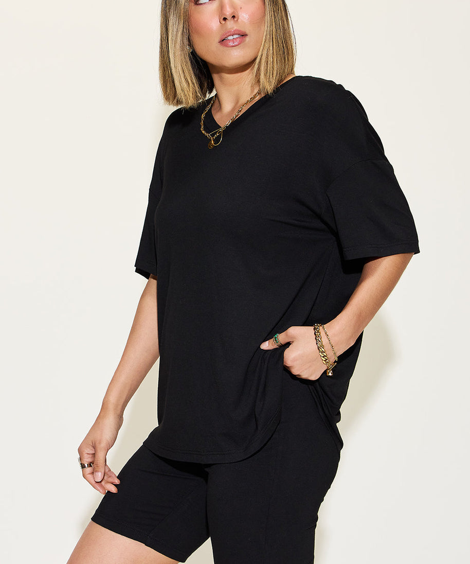 Basic Bae Full Size V-Neck Drop Shoulder T-Shirt and Shorts Set