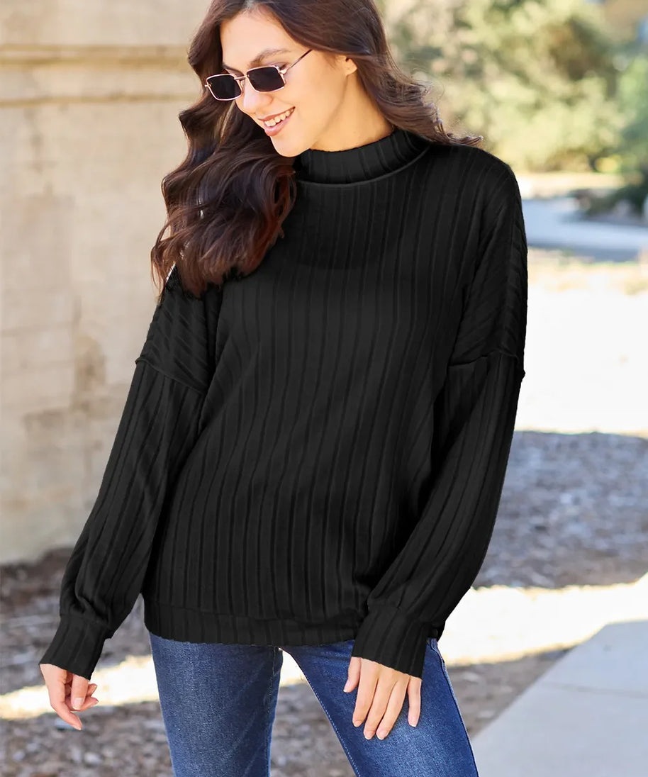 Basic Bae Full Size Ribbed Exposed Seam Mock Neck Knit Top