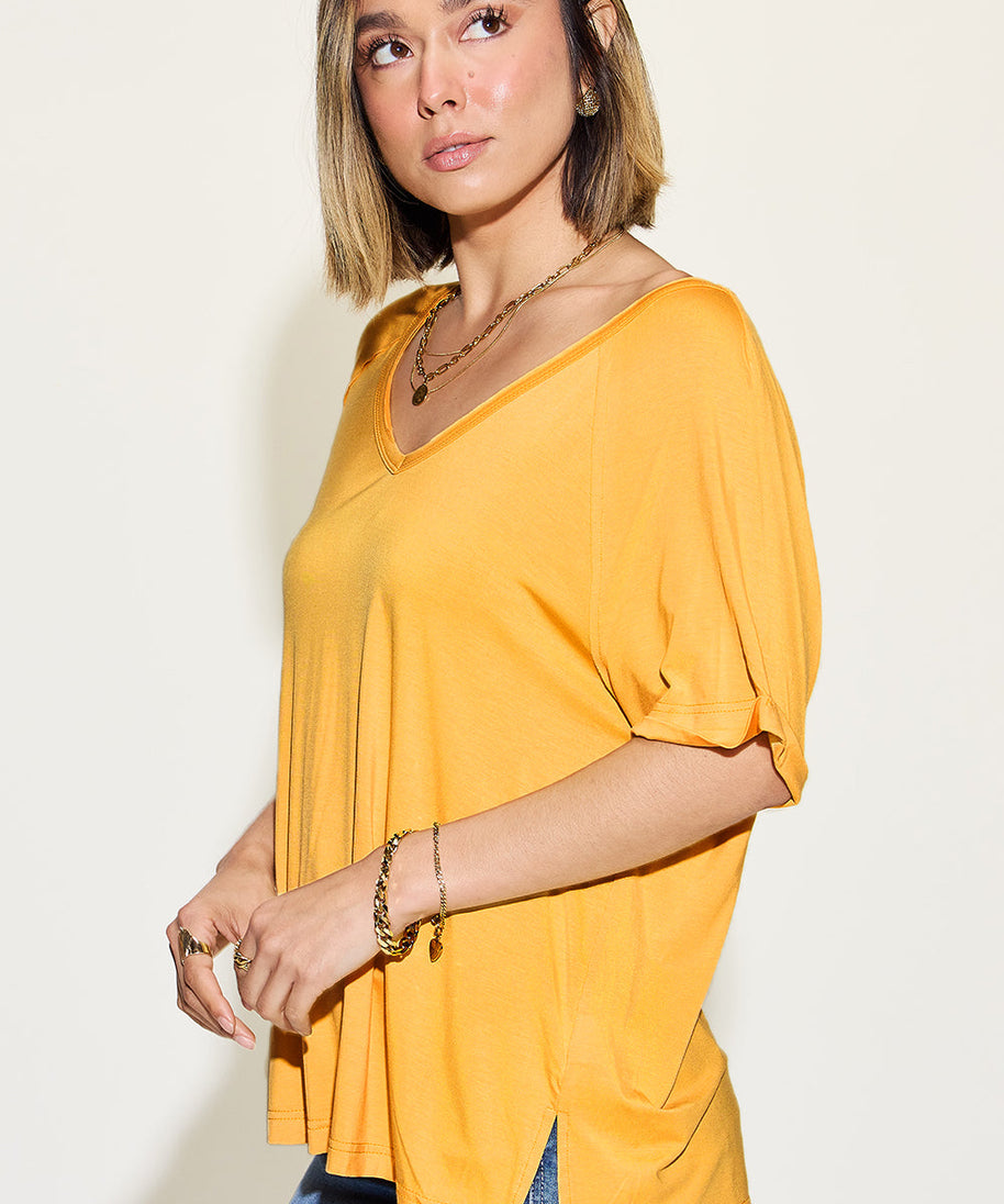 Basic Bae Full Size Bamboo Slit V-Neck Short Sleeve T-Shirt