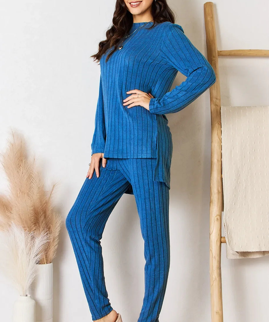Basic Bae Full Size Ribbed Round Neck High-Low Slit Top and Pants Set