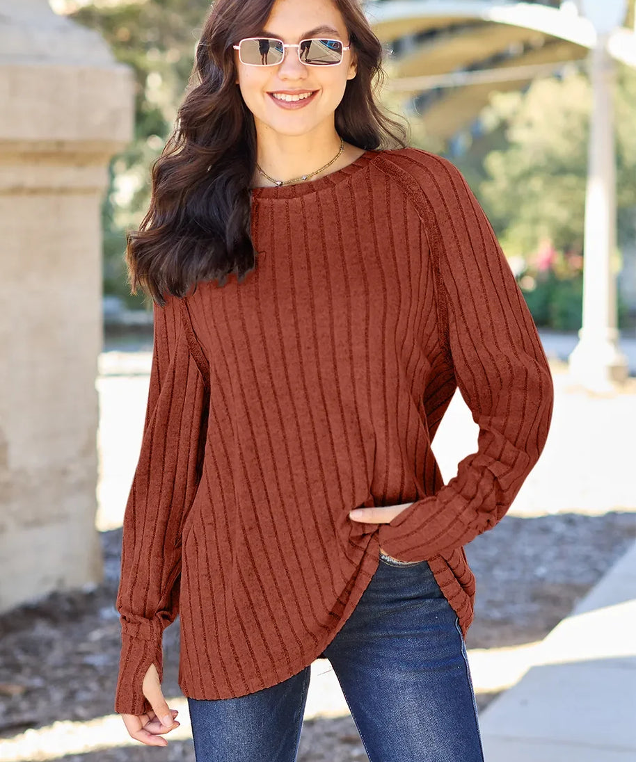 Basic Bae Full Size Ribbed Round Neck Long Sleeve Knit Top