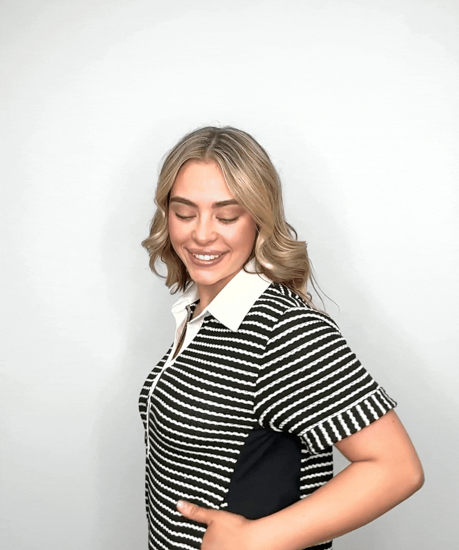 Striped Knit Top with Attached Skirt, Black