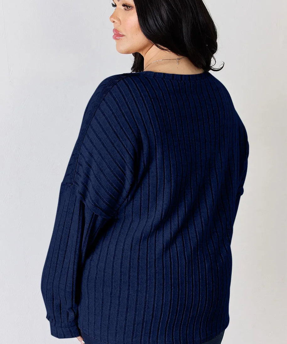Basic Bae Full Size Ribbed Half Button Long Sleeve T-Shirt
