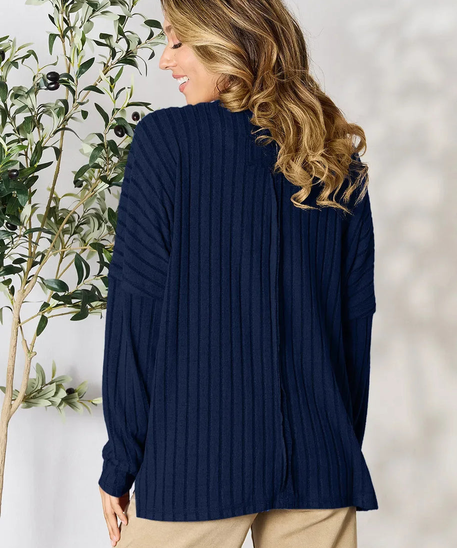 Basic Bae Full Size Ribbed Round Neck Slit Knit Top