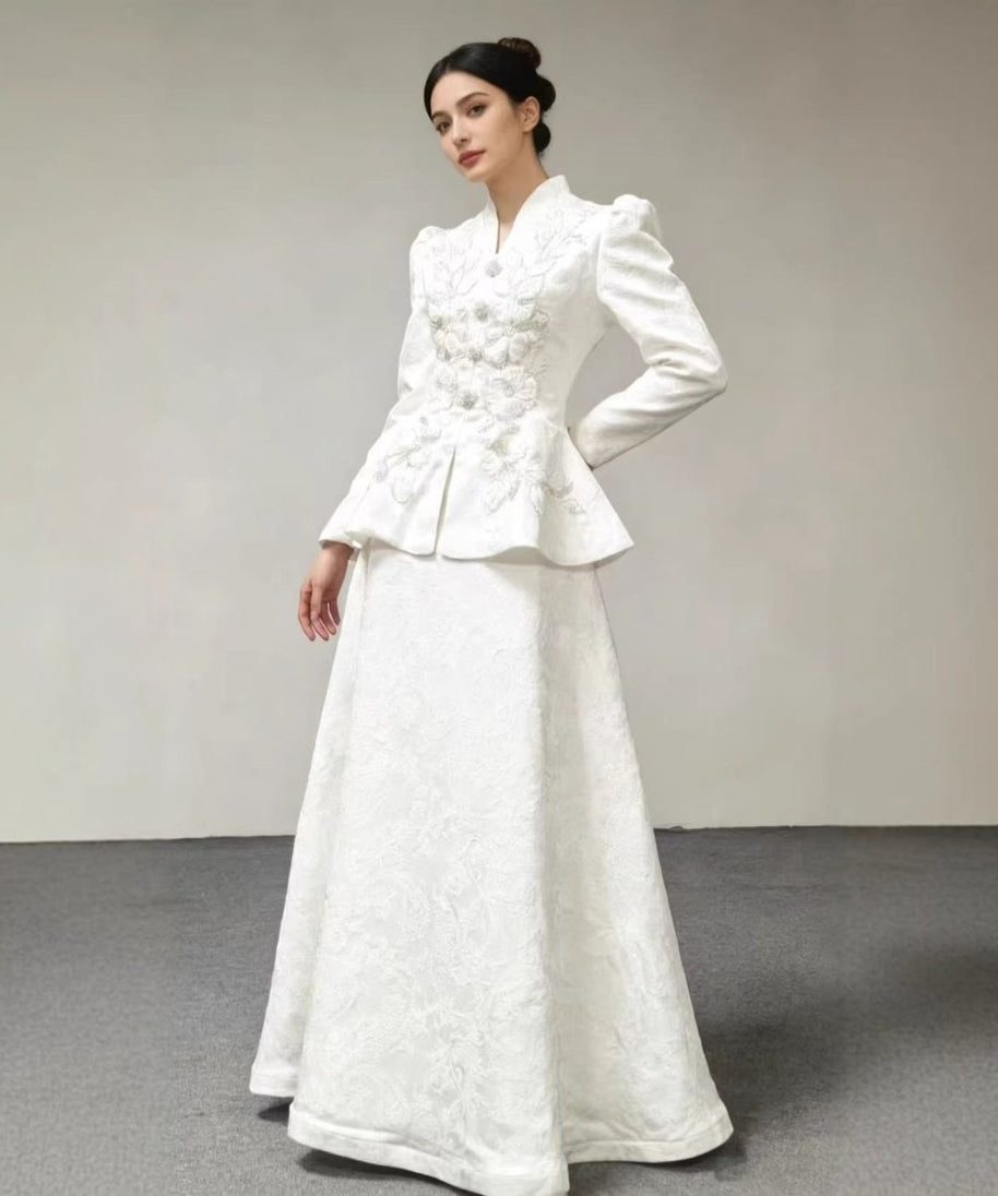3D Floral Embroidered Peplum Top & Maxi Skirt Set(MS468)