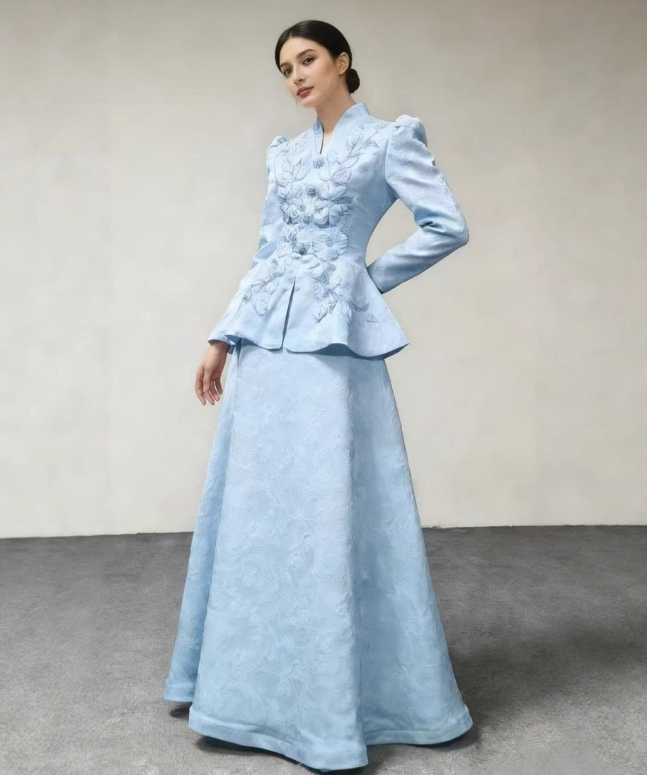 3D Floral Embroidered Peplum Top & Maxi Skirt Set(MS468)