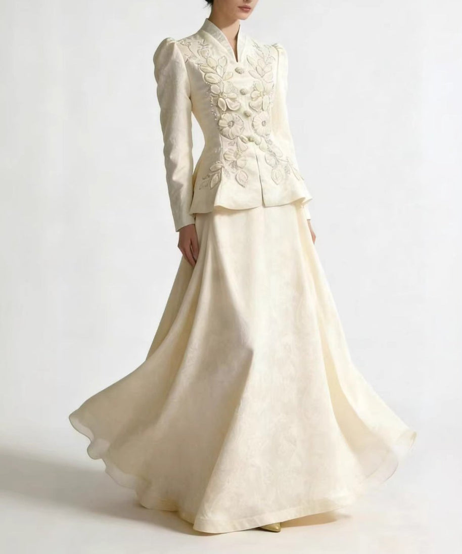 3D Floral Embroidered Peplum Top & Maxi Skirt Set(MS468)