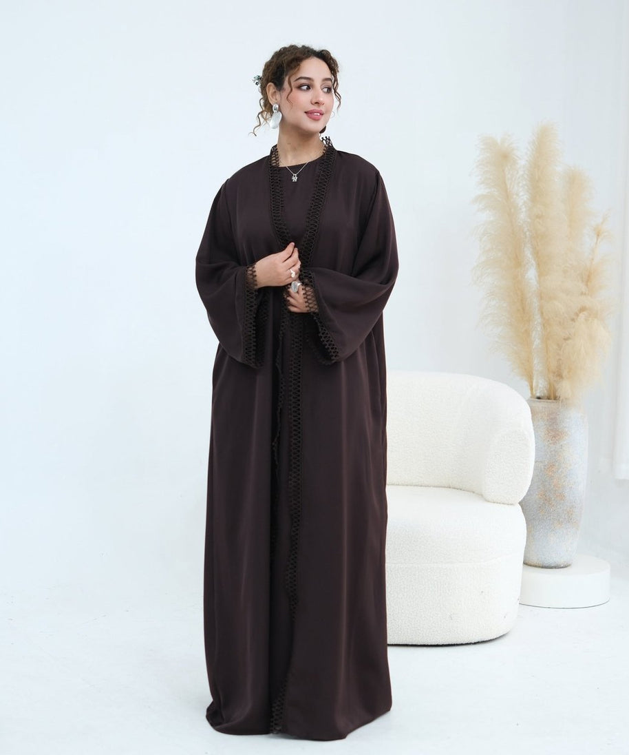 3D Lace Trim Open Abaya & Sleeveless Dress Set(MOA323)