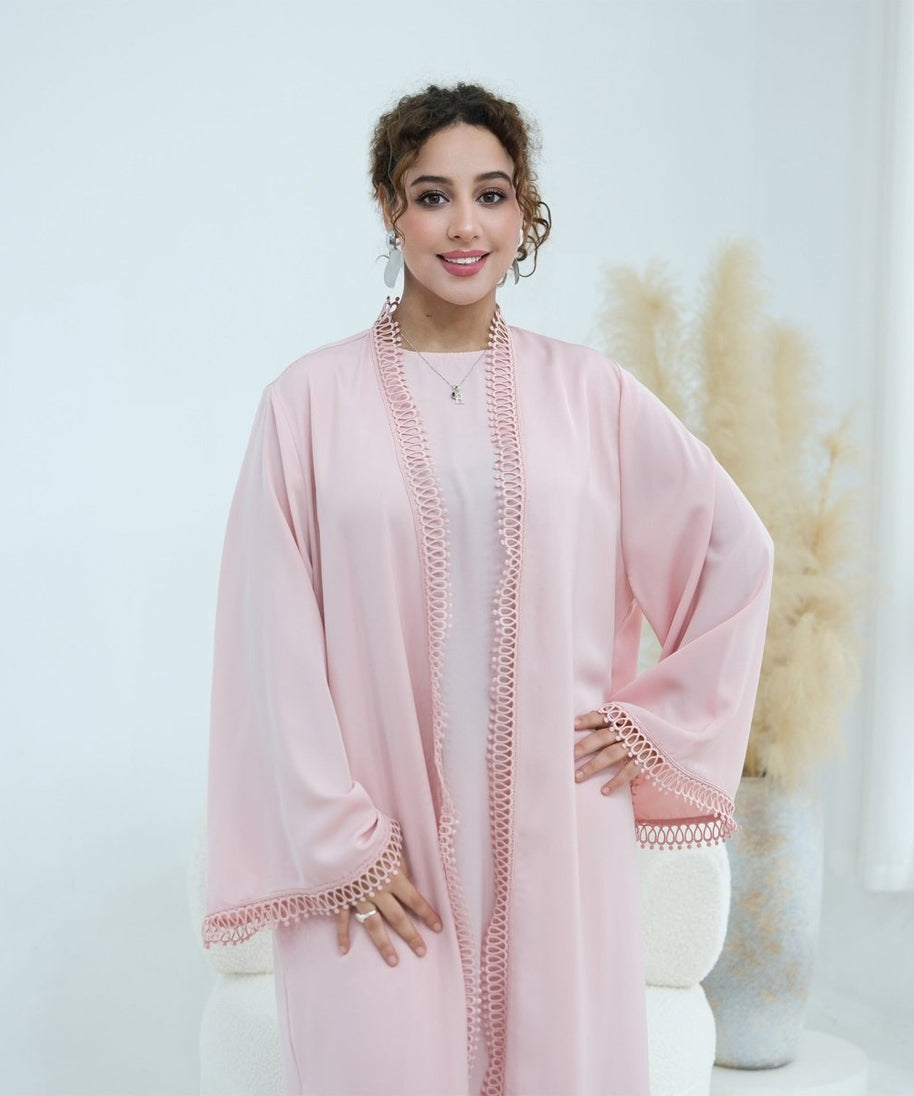 3D Lace Trim Open Abaya & Sleeveless Dress Set(MOA323)
