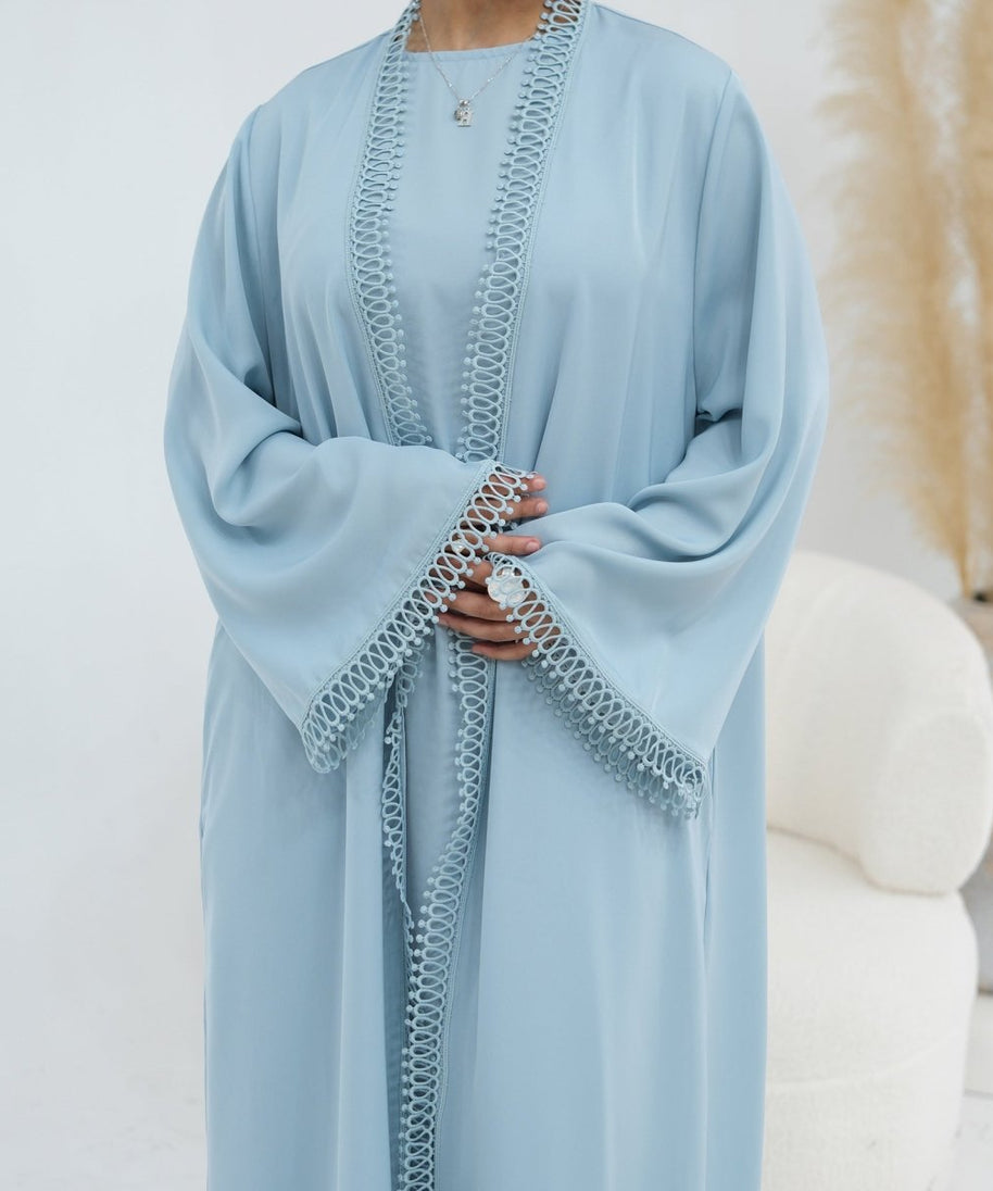 3D Lace Trim Open Abaya & Sleeveless Dress Set(MOA323)