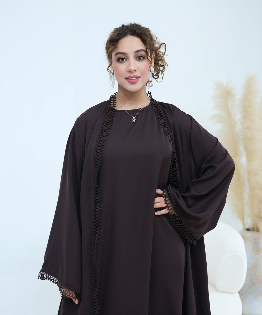 3D Lace Trim Open Abaya & Sleeveless Dress Set(MOA323)