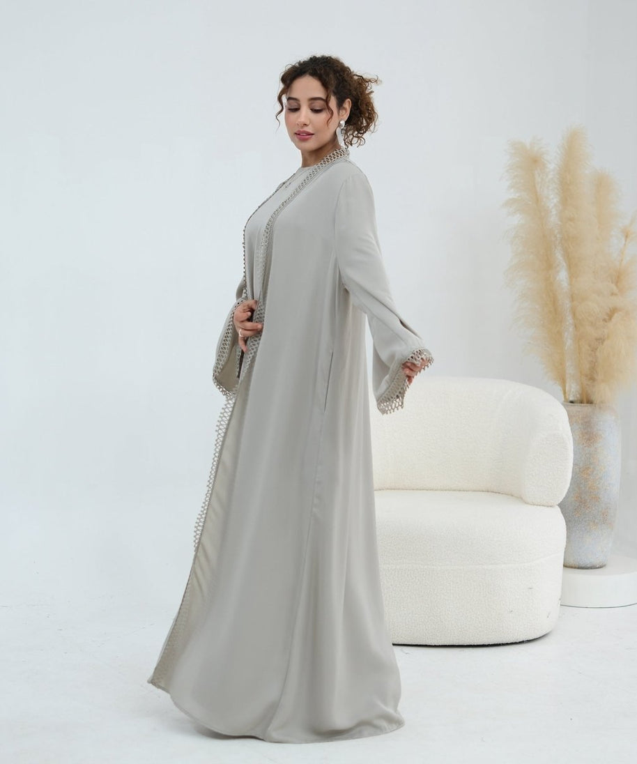 3D Lace Trim Open Abaya & Sleeveless Dress Set(MOA323)