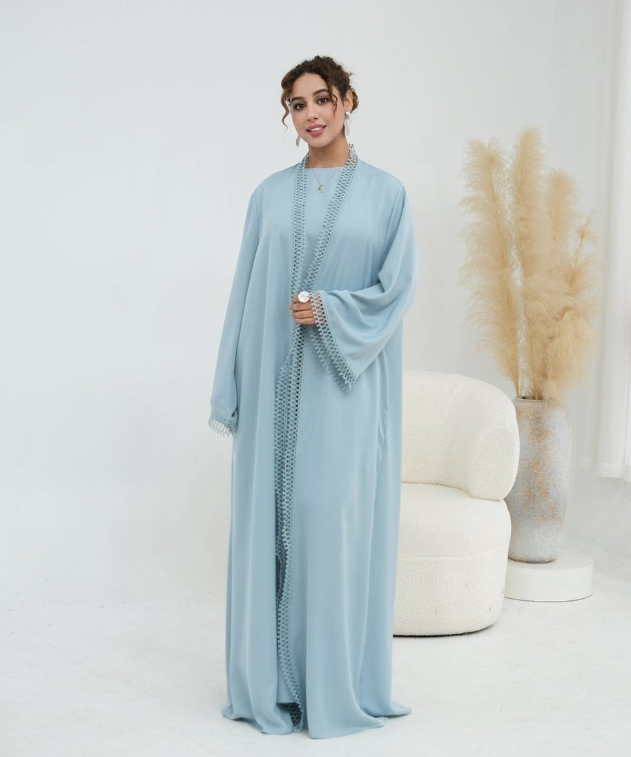 3D Lace Trim Open Abaya & Sleeveless Dress Set(MOA323)